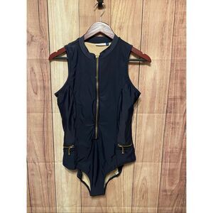 Cabana Life M black gold zipper one piece swimsuit modest SPF pockets